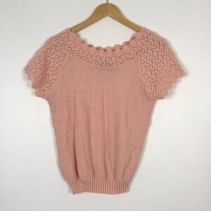 VTG! Adele Knitwear Top Womens USA Made Salmon Pink Crochet Knit‎ Short Sleeve